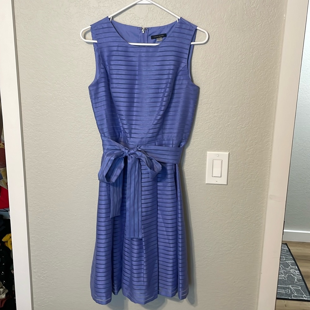 Tommy Hilfiger Blue Fit & Flare Dress Belted Sleeveless Textured Midi